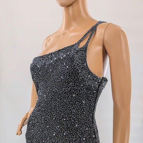 Vintage 90s Scala Silk Gown Black Beaded Sequins Off Shoulder Siren Size M - Picture 5 of 13